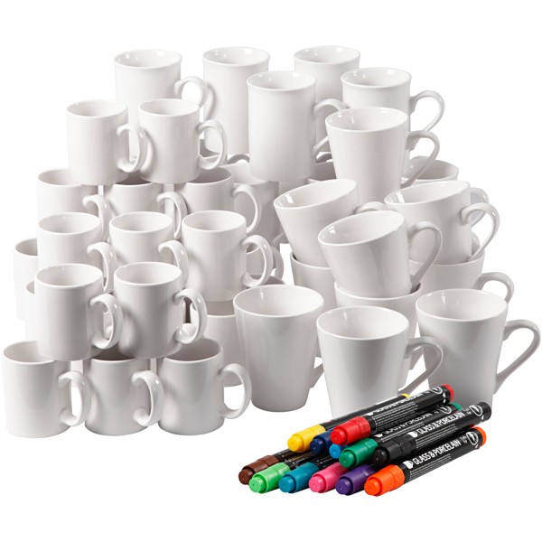 Assortiment de tasses en porcelaine avec feutres - 48 tasses + 12 feutres - Photo n°1
