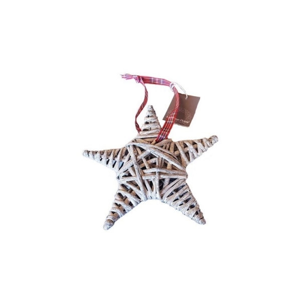 Petite Étoile en Rotin gris avec ruban à carreaux, dim. 10 cm, décoration de Noël à suspendre - Photo n°1