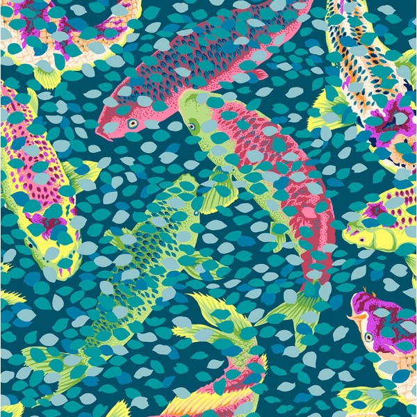 Tissu patchwork carpes Koï fond bleu canard Arcadia - Snow Leopard designs Dimensions:par 10 cm - Photo n°1