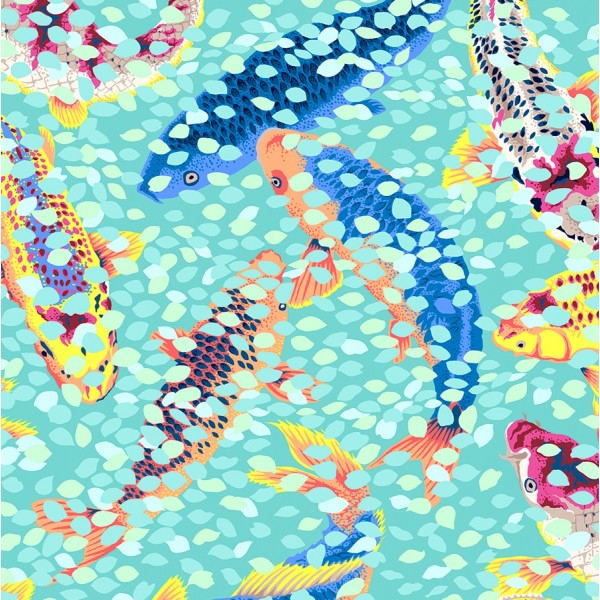 Tissu patchwork carpes Koï fond bleu ciel Arcadia - Snow Leopard designs Dimensions:par 10 cm - Photo n°1