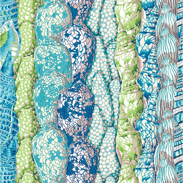 Tissu patchwork coquillages fond bleu canard Arcadia - Snow Leopard designs Dimensions:par 10 cm - Photo n°1