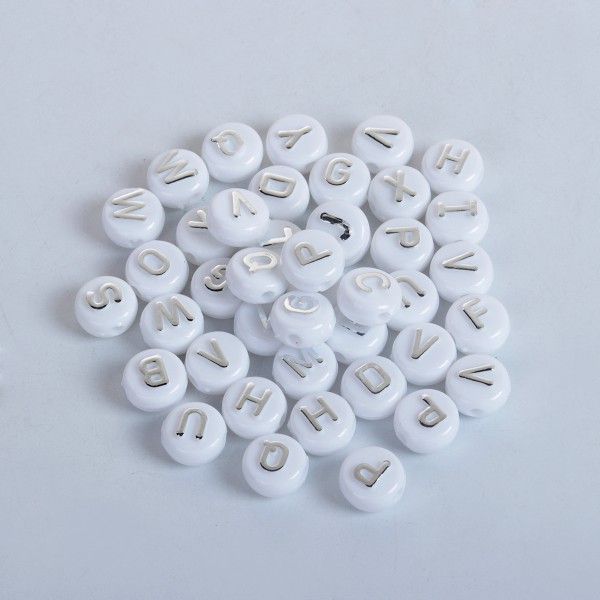 200 Perles acryliques Alphabet Rondes blanches Argentées 10mm -SC0106136 - Photo n°1