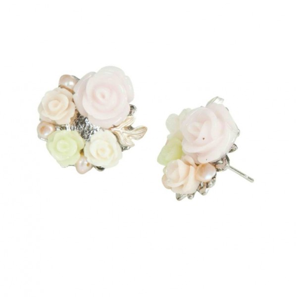 Boucles d'oreilles roses et perles - Photo n°1
