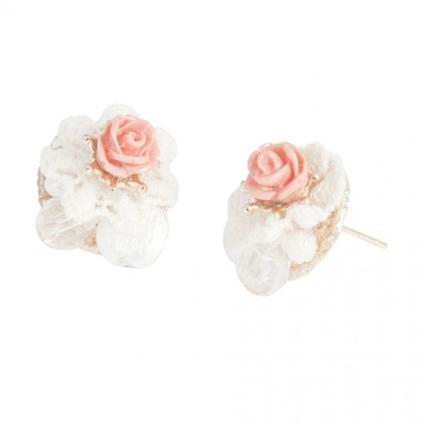 Boucles d'oreilles rose corail, dentelles et perles facettes - Photo n°1