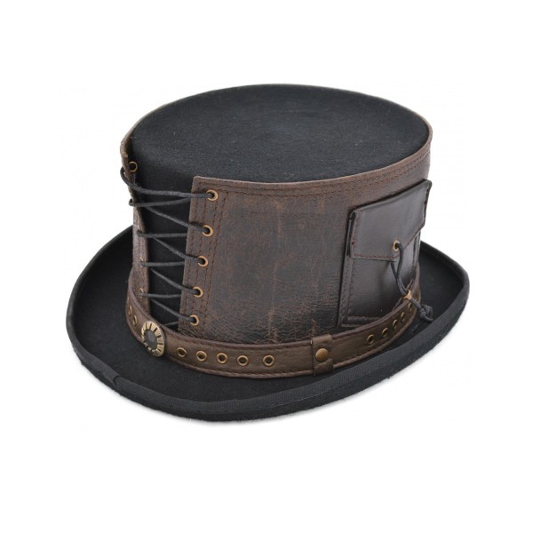 Chapeau haut de forme feutrine noire, cuir marron avec laçages et poches, steampunk - Photo n°1