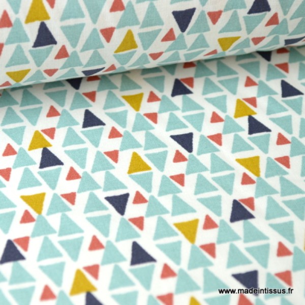 Tissu coton imprimé triangles Menthe Oeko tex - Photo n°1