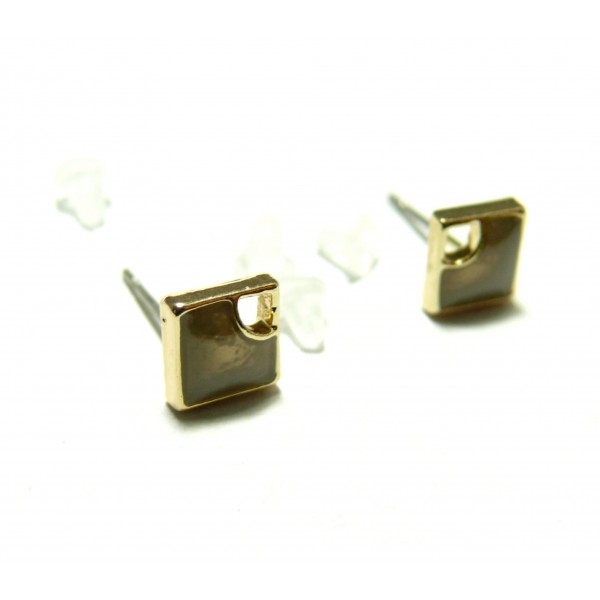 S11106038 PAX 10 boucle d'oreille puces style emaille Carré Gris avec attache doré - Photo n°1