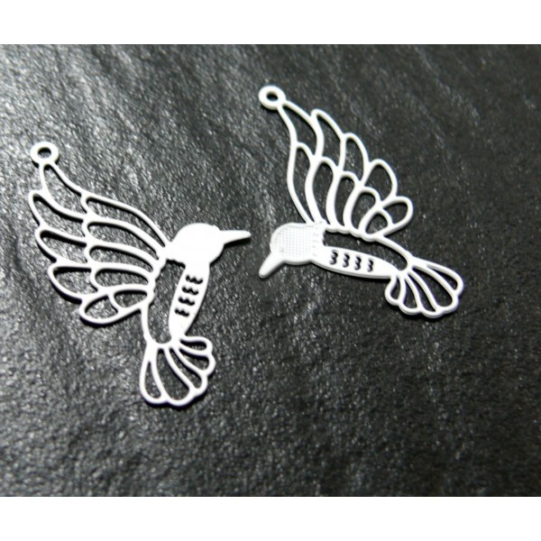 AE112334 Lot de 4 Estampes pendentif filigrane Grand colibri oiseau du paradis Blanc 21mm - Photo n°1
