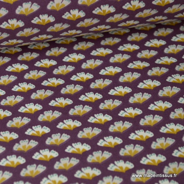 Tissu coton imprimé Fleurs Ginkgo Prune et Canelle Oeko tex - Photo n°1