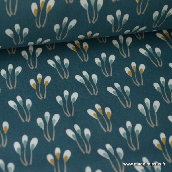 Tissu coton imprimé Fleurs fond Vert Oeko tex - Photo n°1