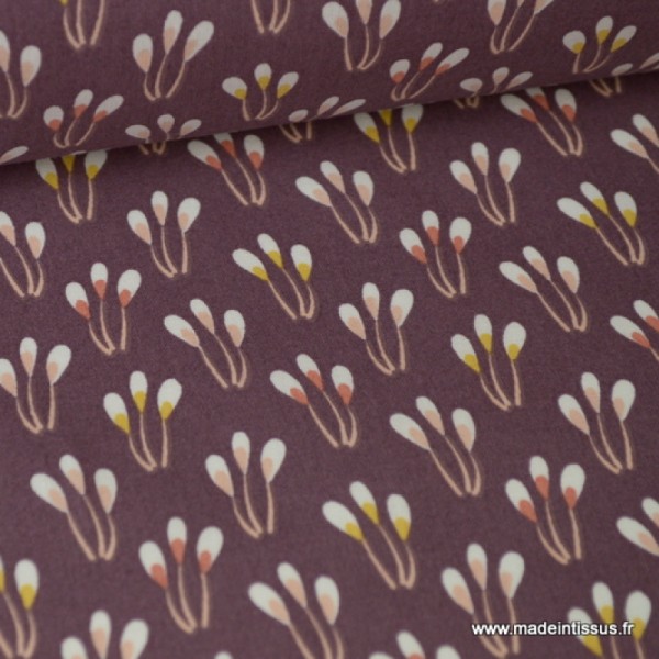 Tissu coton imprimé Fleurs fond Lie de Vin Oeko tex - Photo n°1