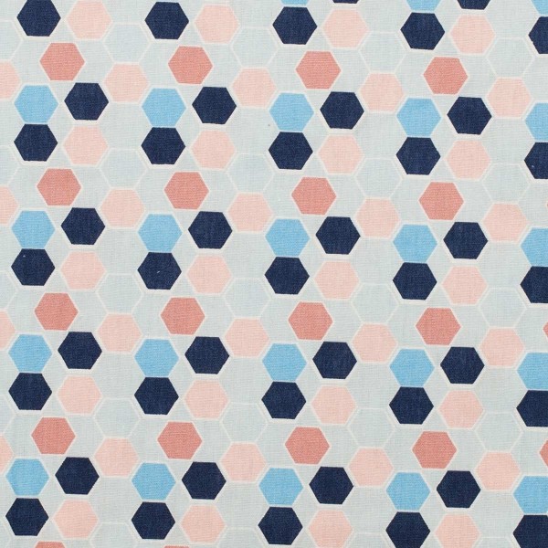 Tissu coton plaisant hexagone - Bleu & rose - Oeko-Tex® - Photo n°1