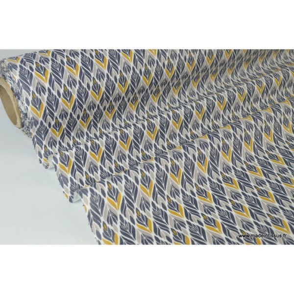 Tissu coton imprimé Fleurs symétriques Gris et Moutarde Oeko tex - Photo n°2