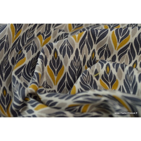 Tissu coton imprimé Fleurs symétriques Gris et Moutarde Oeko tex - Photo n°4