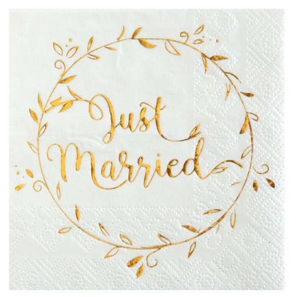 20 Serviettes en papier Just Married blanc et or métallisé - Photo n°1
