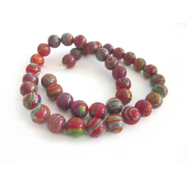 10 Perles Synthétique Malachite 10mm couleur rouge tréfilé multicolore - Photo n°1