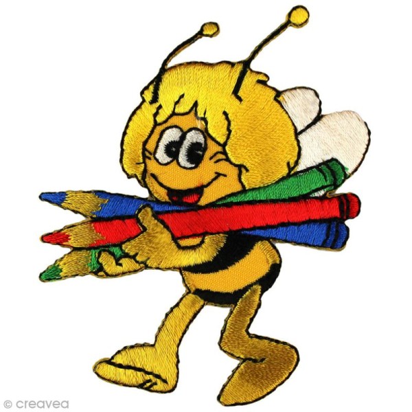 Ecusson brodé thermocollant - Maya l'abeille - Maya et crayons - Photo n°1