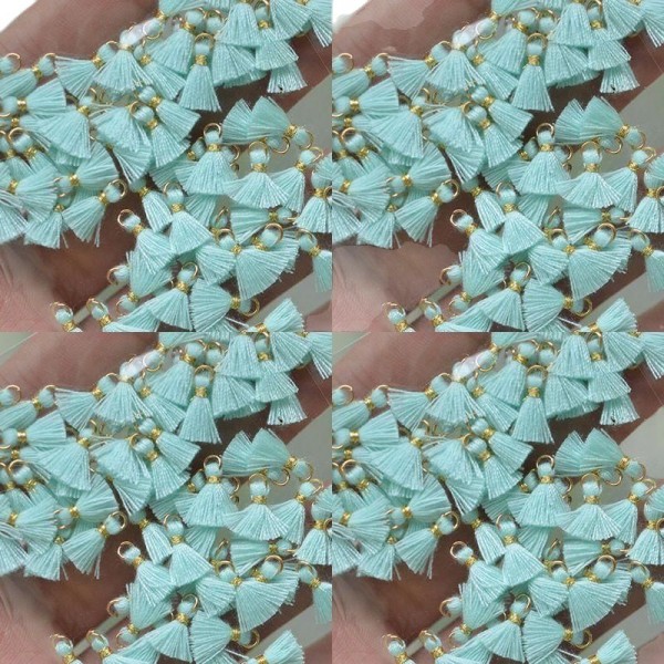 10pcs Bleu Turquoise Ronde en Bois Mini Bébé Minuscule Petit Pompon de Charme Anneau Mala Bracelet C - Photo n°1