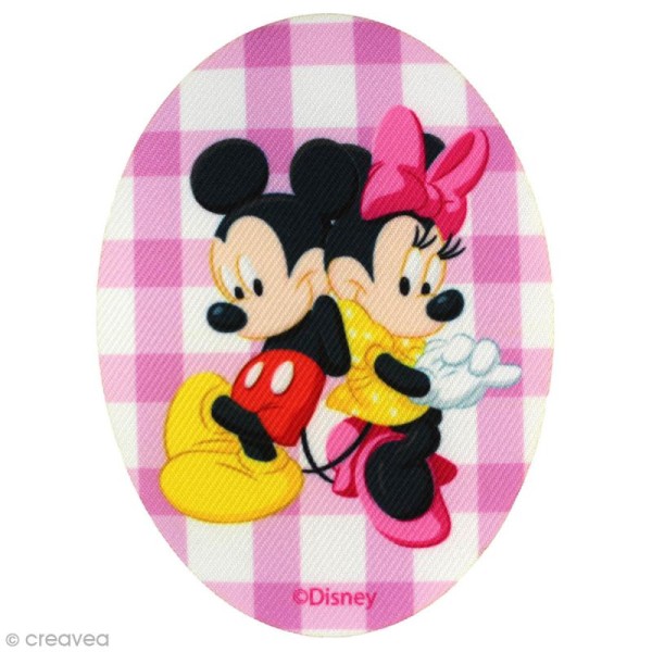Ecusson imprimé thermocollant - Mickey - Mickey et Minnie vichy rose - Photo n°1