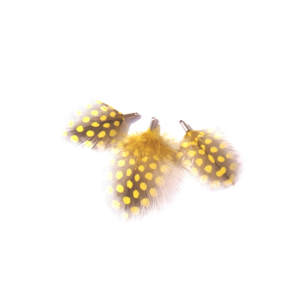 Pendentifs plumes de Pintade teintée jaune : Dégradé de 3 Pendentifs 39 à 52 MM de hauteur - Photo n°1