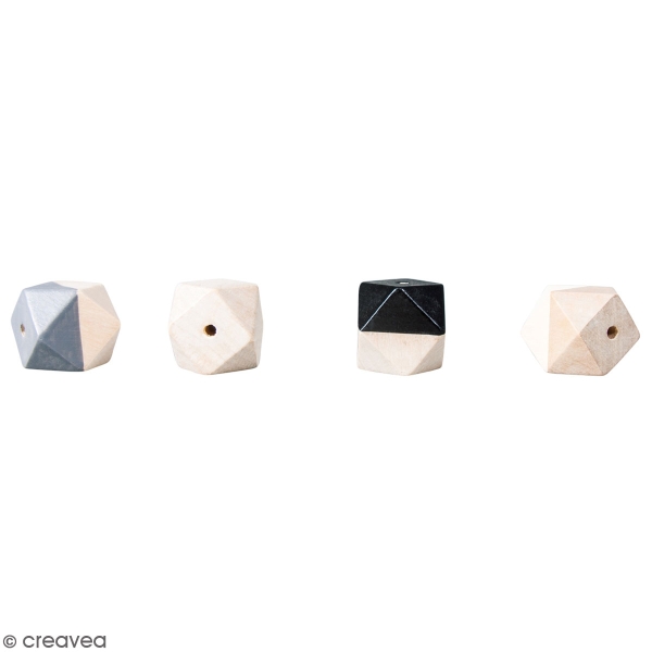 Perles en bois - Diamant facetté Noir, blanc, gris - 2 cm - 4 pcs - Photo n°1