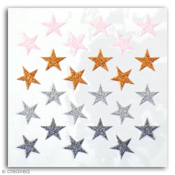Stickers Oh ! Glitter - Etoiles pailletées - Rose, cuivre, argenté, gris - 24 autocollants - Photo n°2