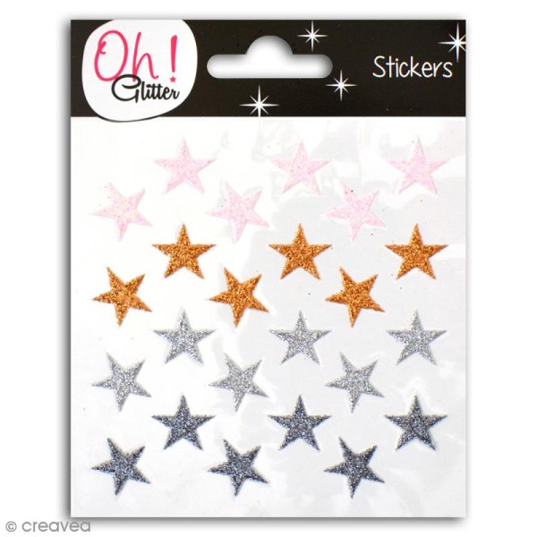 Stickers Oh ! Glitter - Etoiles pailletées - Rose, cuivre, argenté, gris - 24 autocollants - Photo n°1