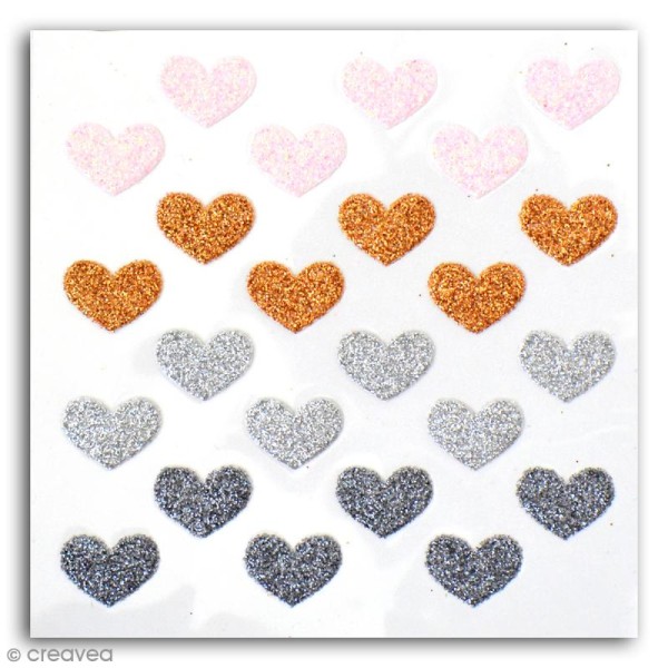 Stickers Oh ! Glitter - Coeurs pailletés - Rose, cuivre, argenté, gris - 24 autocollants - Photo n°2