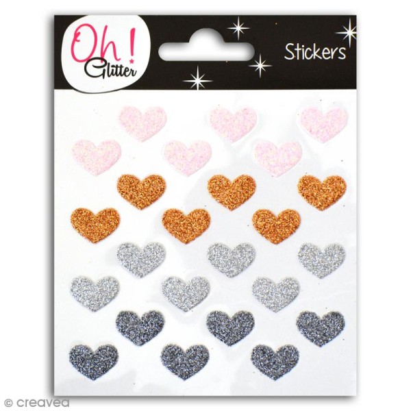 Stickers Oh ! Glitter - Coeurs pailletés - Rose, cuivre, argenté, gris - 24 autocollants - Photo n°1