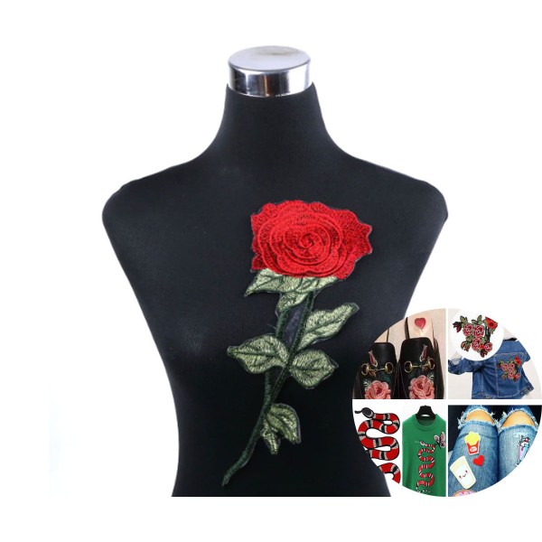 1pc Rouge Rose Verte Patch à Coudre Sur Brodé Applique de Fleur Tricot Couture DIY Art Cadeau Costum - Photo n°1