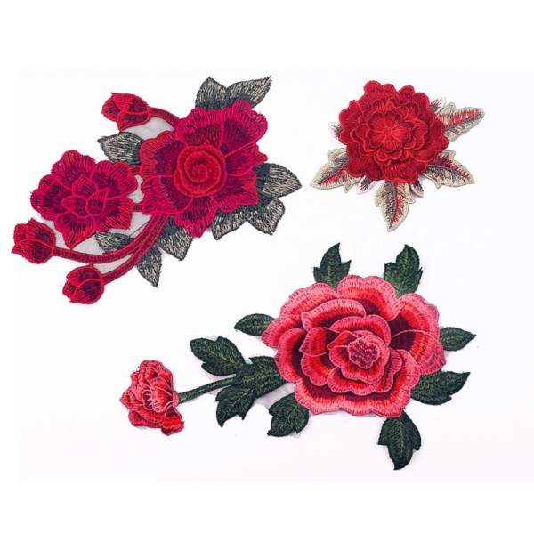 3pcs Mélange Rose Rouge Vert Fleur Rose de la Feuille de Broderie Textile Patch à Coudre Sur Brodé A - Photo n°1