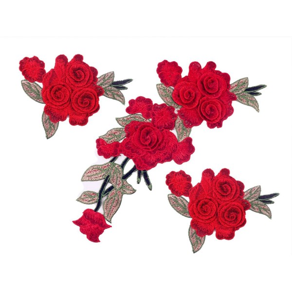 3pcs Rose Rouge Vert 3 Roses Fleur de la Feuille de Broderie Textile Patch à Coudre Sur Applique Bro - Photo n°1