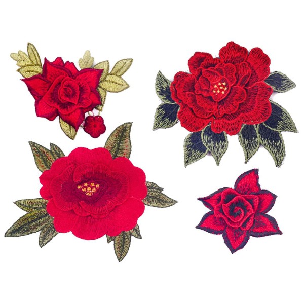4pcs Rose Rouge Vert Roses Rosebuds Étamines de la Fleur de la Feuille de Broderie Textile Patch à C - Photo n°1