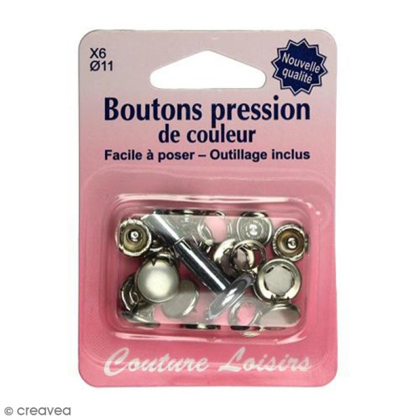 Kit bouton pression Blanc perle 11 mm avec outil de pose - 6 pcs - Photo n°1