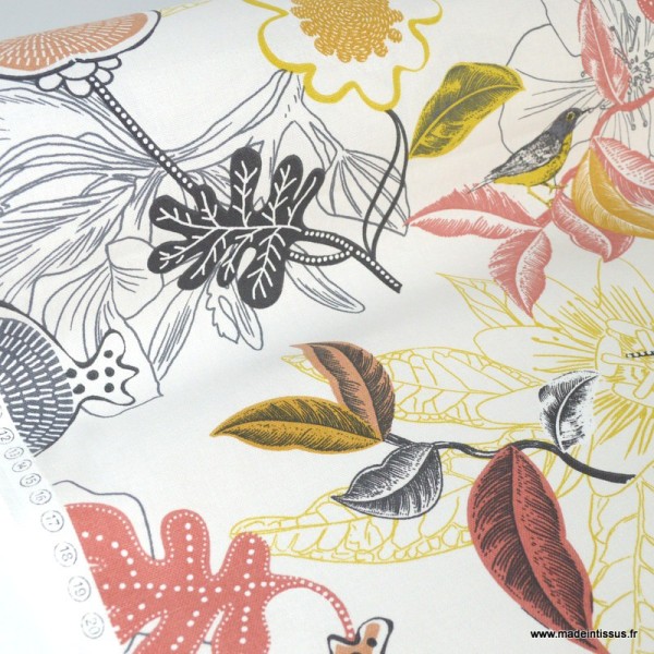 Tissu Toile de coton Canva imprimé Fleurs et oiseaux Corail et jaune - Photo n°1