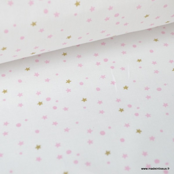 Tissu coton imprimé étoiles roses et or fond blanc - Photo n°1