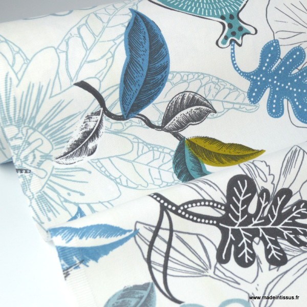 Tissu Toile de coton Canva imprimé Fleurs et oiseaux moutarde et bleu glacier - Photo n°2