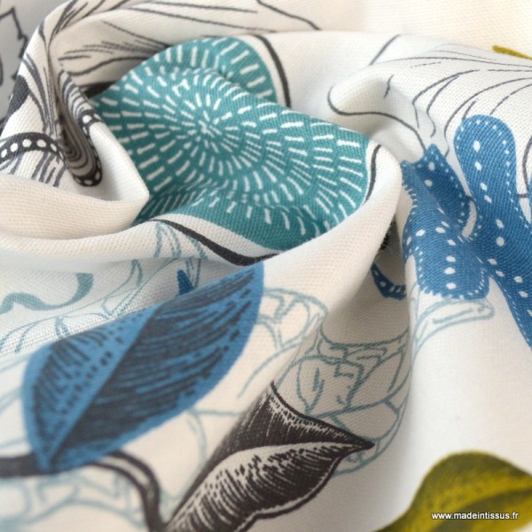 Tissu Toile de coton Canva imprimé Fleurs et oiseaux moutarde et bleu glacier - Photo n°3
