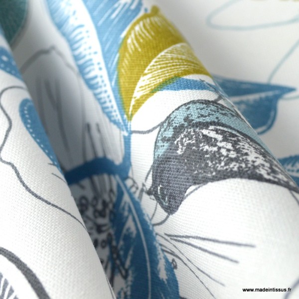 Tissu Toile de coton Canva imprimé Fleurs et oiseaux moutarde et bleu glacier - Photo n°4