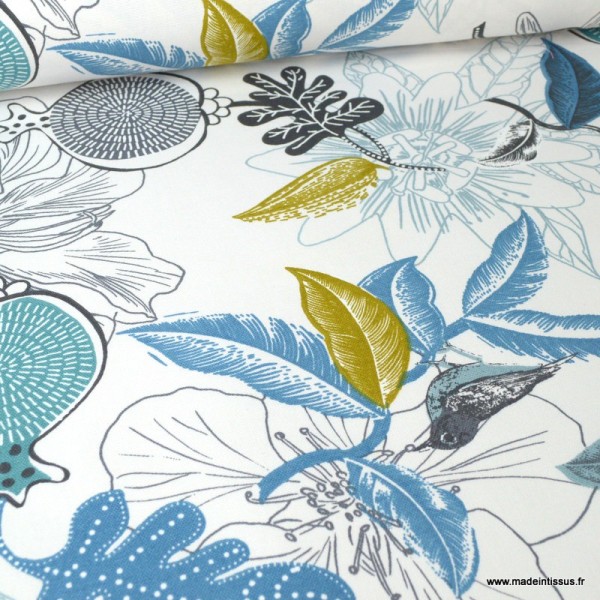 Tissu Toile de coton Canva imprimé Fleurs et oiseaux moutarde et bleu glacier - Photo n°1