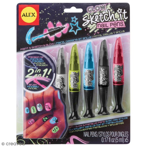 Lot stylos nail art Sketch it Nail Pens - Phosphorescent  - 2 en 1 - 5 pcs - Photo n°1