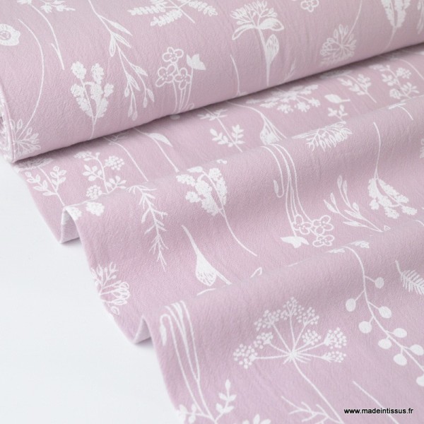 Tissu crêpe de coton imprimé fleurs de prairies fond Rose - Photo n°1