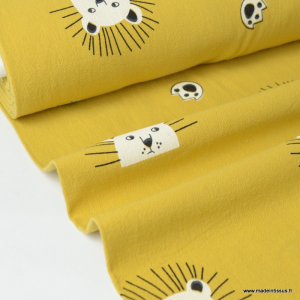 Tissu coton lavé imprimé têtes de lion fond Moutarde - Photo n°2