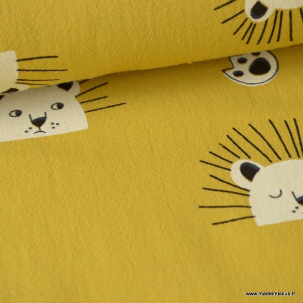 Tissu coton lavé imprimé têtes de lion fond Moutarde - Photo n°3