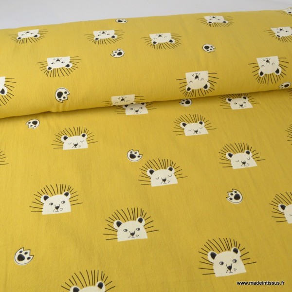 Tissu coton lavé imprimé têtes de lion fond Moutarde - Photo n°1