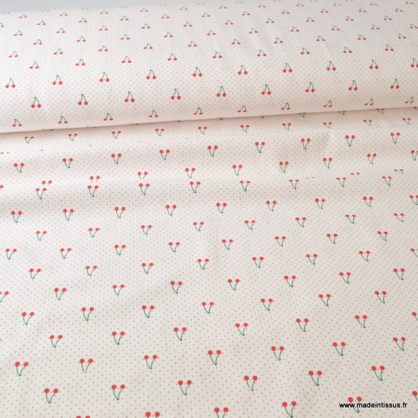 Tissu coton imprimé cerises et points rouges fond blanc - Photo n°3