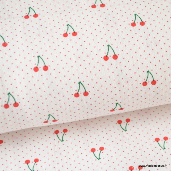 Tissu coton imprimé cerises et points rouges fond blanc - Photo n°4