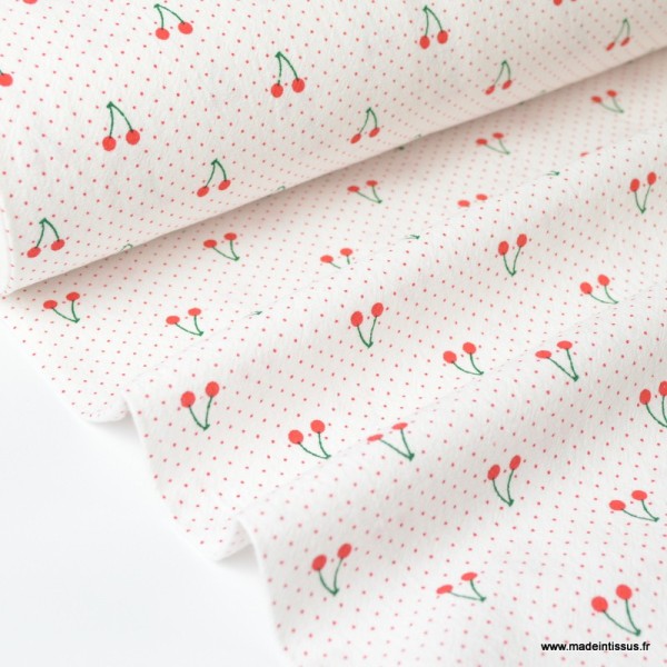 Tissu coton imprimé cerises et points rouges fond blanc - Photo n°1