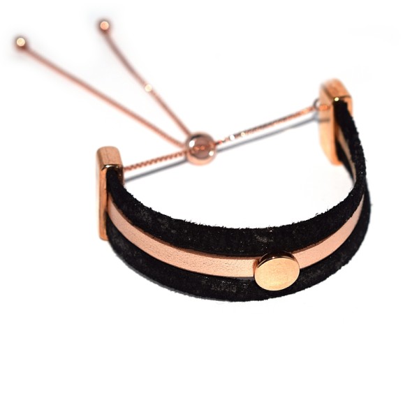 Bracelet en cuir noir et rose gold, chainette réglable - Photo n°1