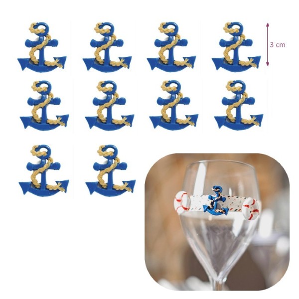 Lot de 10 Ancres Marine bleues en résine avec cordage Adhésif, dim. 3 cm, décoration maritime à coll - Photo n°1